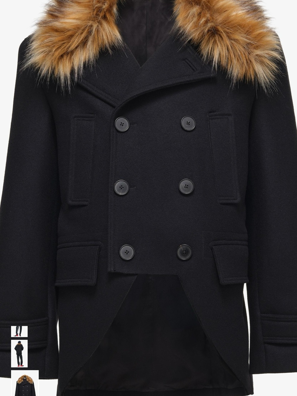 Galliano Black Double-Breasted Pea Coat with Faux-Fur Trim